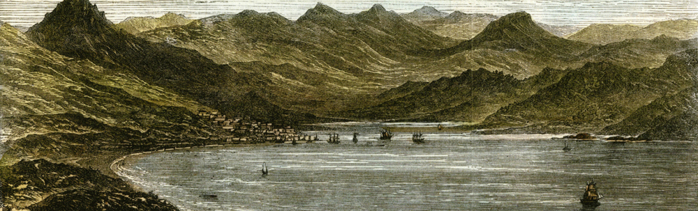 Early Stanley, old print of town and mountains